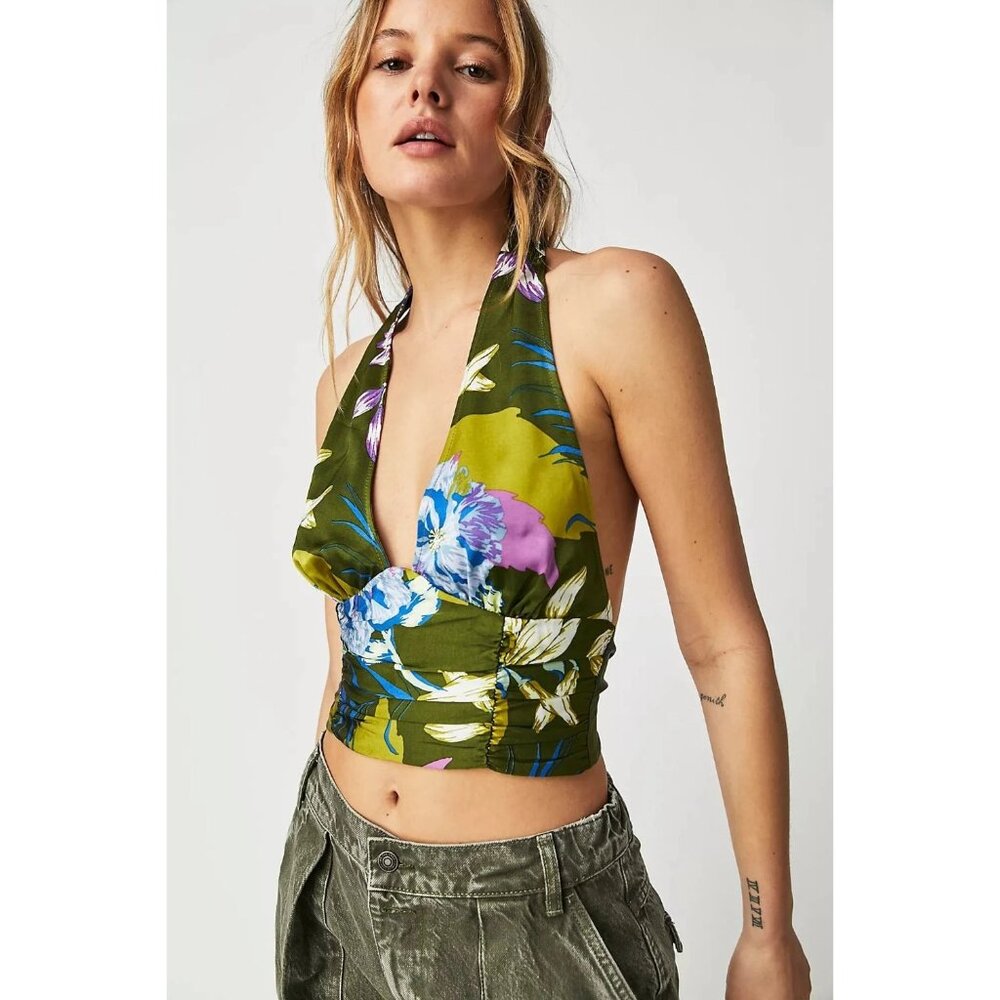 Free People $78 Seraphina Halter Top in Bright Olive NEW